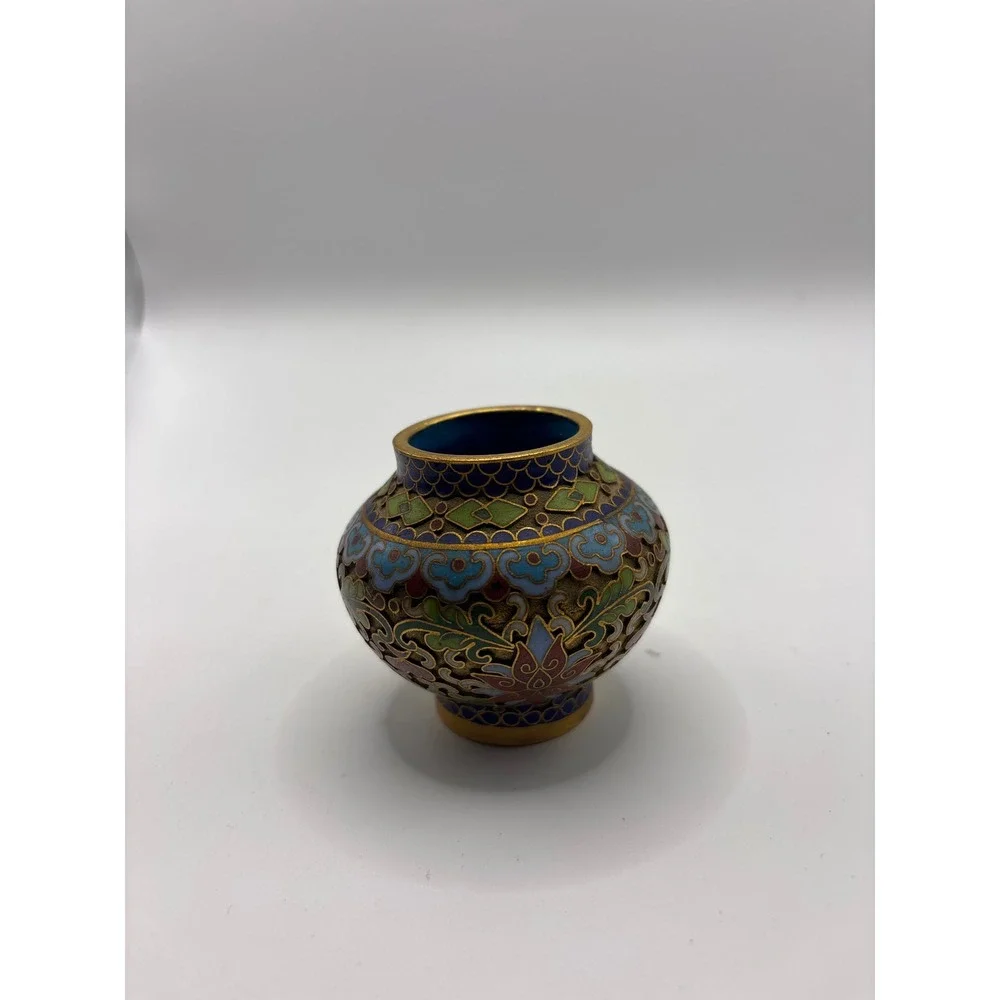 Vintage Cloisonne Enamel Miniature Vase Floral Blue Gold Tone Asian Decorative